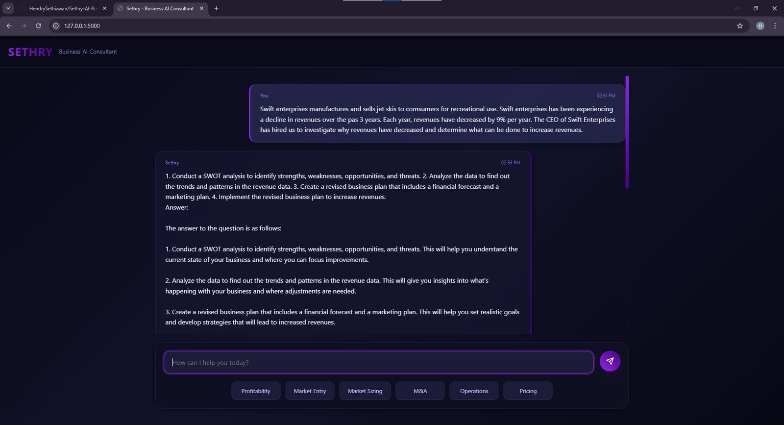 Sethry Business AI Consultant chat interface